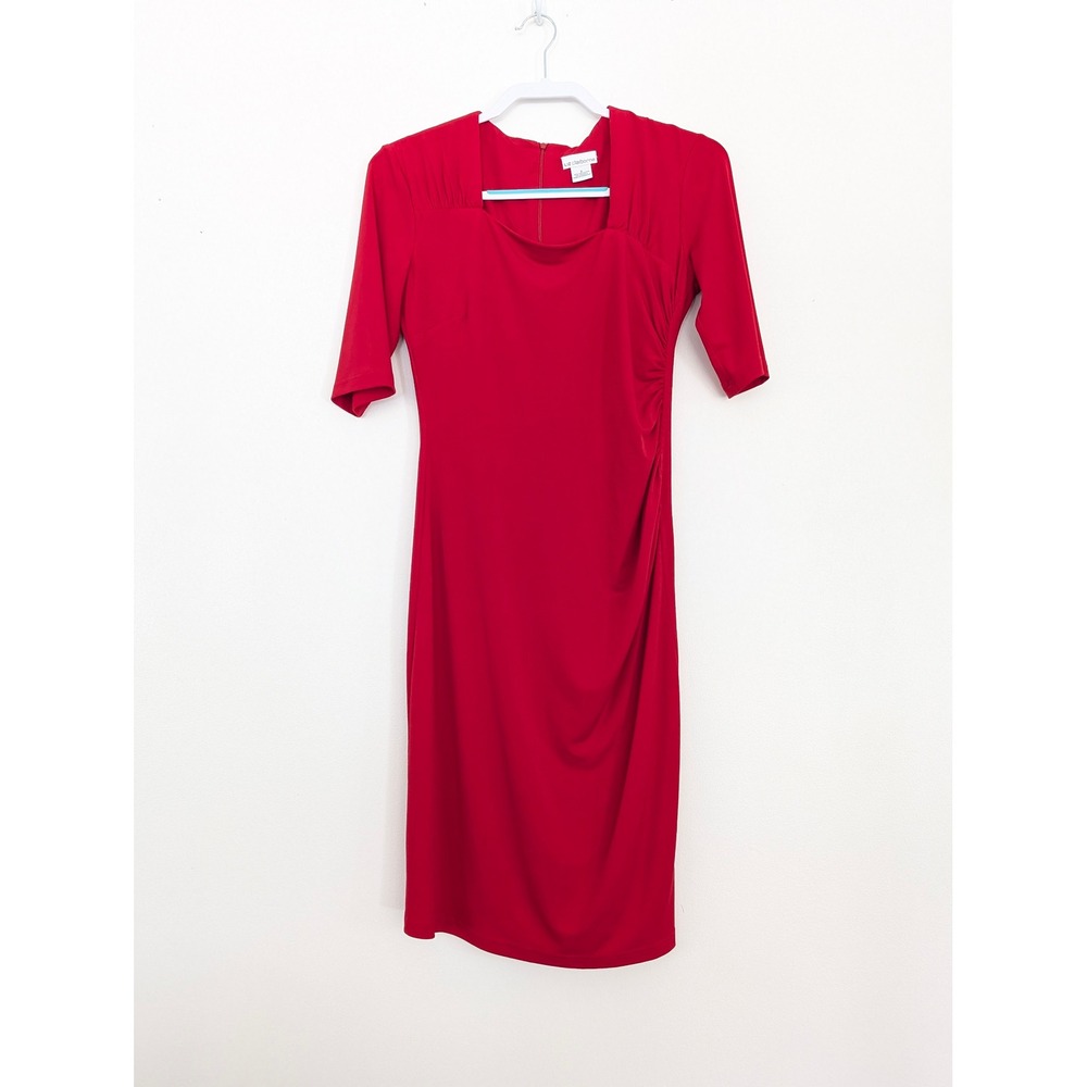 Liz Claiborne Red Ruched Sheath Dress Womens Size 6 Square Neck Elbow Sleeve